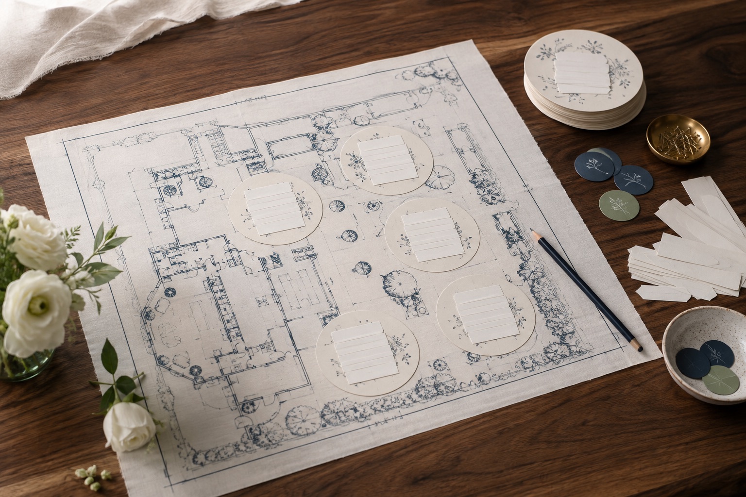 Overhead venue floor plan with circular table cards, blank guest slips, meal markers, and flowers.